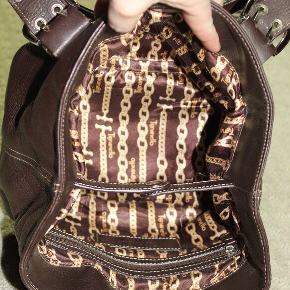 Tignanello Chocolate Brown Leather Purse Shoulder Bag Buckles Double Handles - Picture 6 of 7